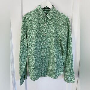 Men’s Club Monaco button up dress shirt, long sleeve green w/ mini white flowers